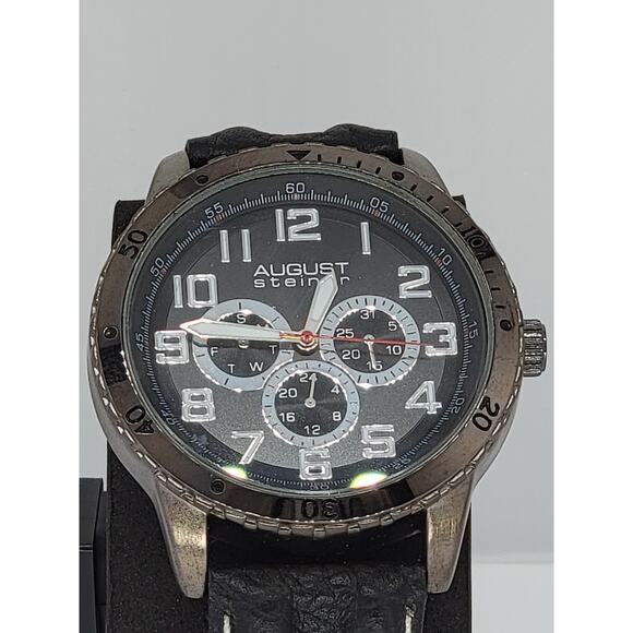 August Steiner AS8116BK Day Date GMT 30M WR Leather Strap Black Mens Watch - Picture 1 of 8